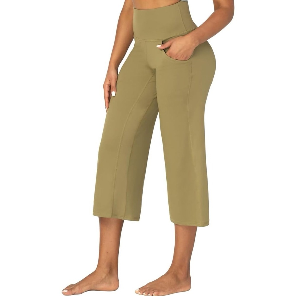 NEW Sunzel Wide‎ Leg Active Capri Pants with Pockets, Olive Green, XL